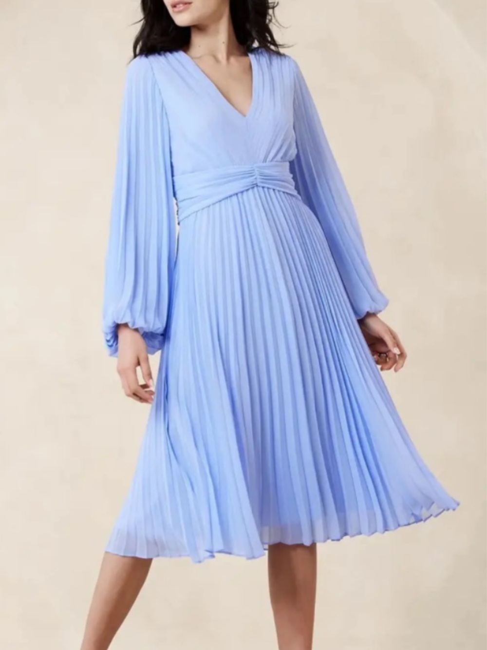 Banana Republic Light Blue Pleated V-Neck Midi Dress